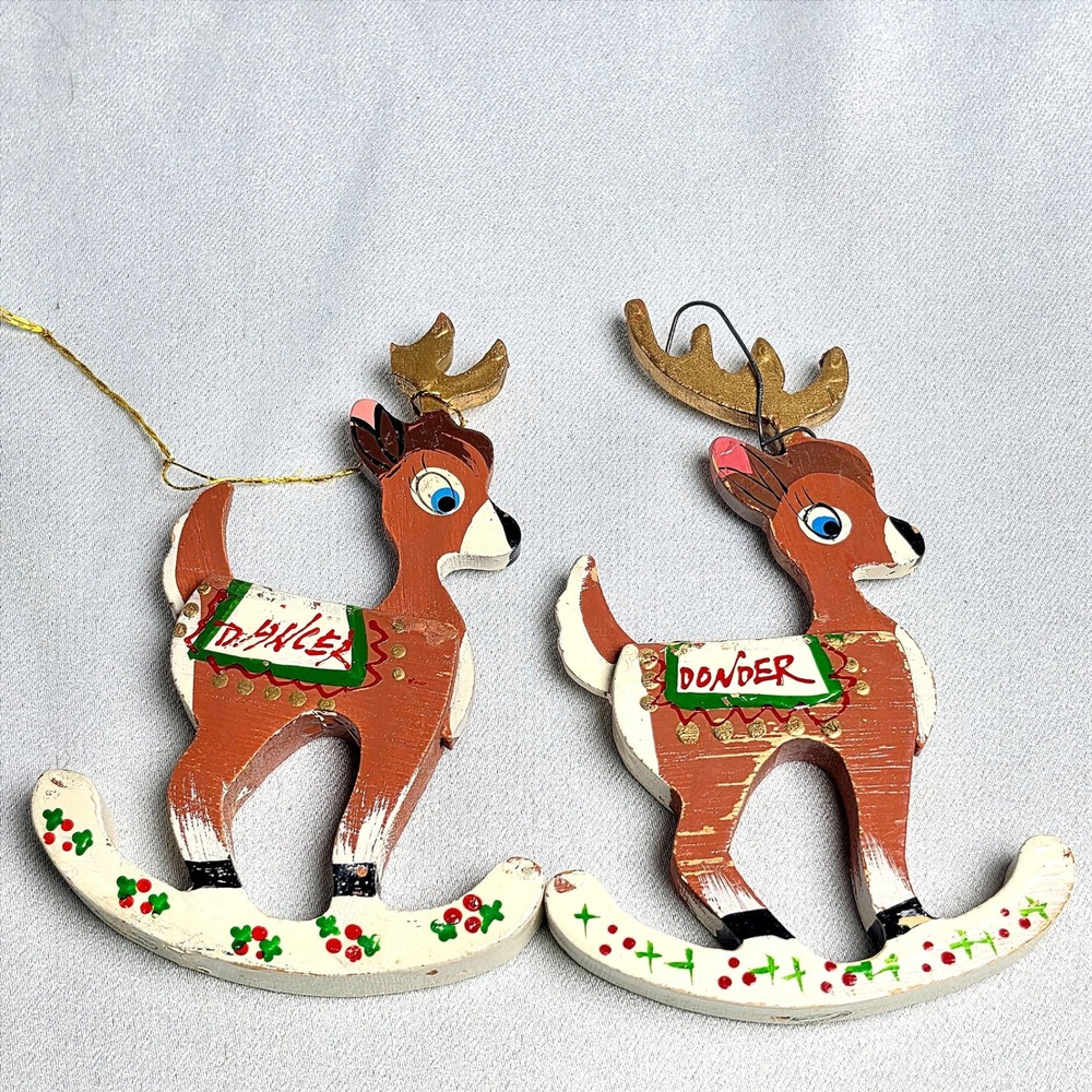 Vintage 1977 Kurt Adler Wood Rocking Reindeer Ornaments Dancer Donder Set of 2